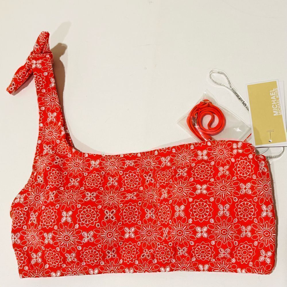 Michael Kors Red Bikini Top Med Floral Eyelet Embroidery One Strap Bow